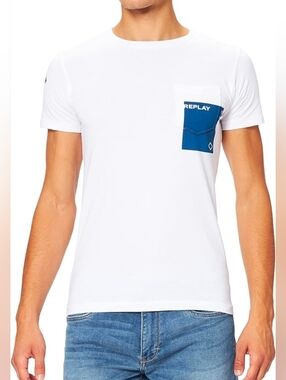 Replay White Short Sleeve Crew Tee with White Pocket Detail Size M
